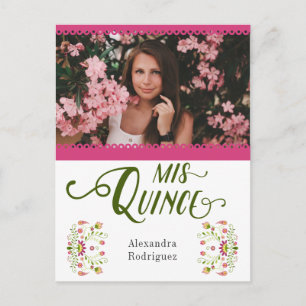 Pink Traditionele Mexicaanse Floral Foto Quinceane Uitnodiging Briefkaart