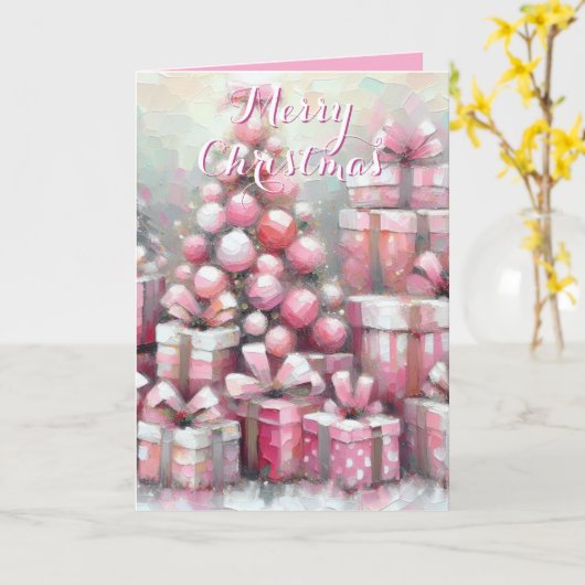Pink Tree & Presents – Festive Personalized Fun Kaart (Gele Bloem)