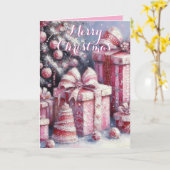 Pink Tree & Presents – Whimsical Holiday Greeting Kaart (Gele Bloem)