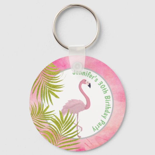 Pink Tropical Flamingo Personalized Birthday Favor Sleutelhanger (Voorkant)
