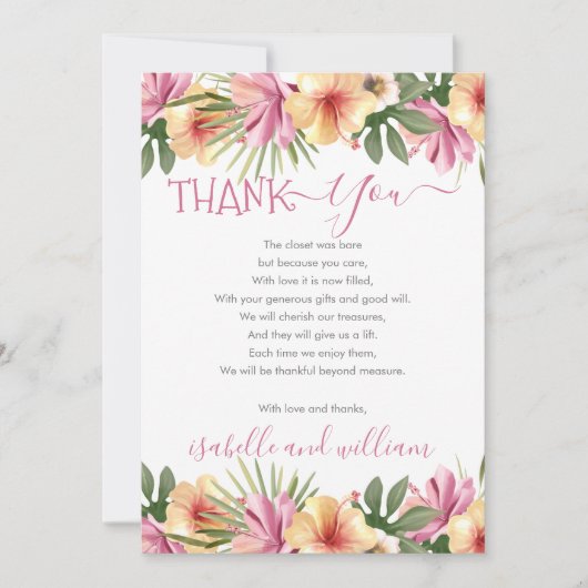 Pink Tropical Floral Blooms Baby shower Dank u Bedankkaart (Voorkant)