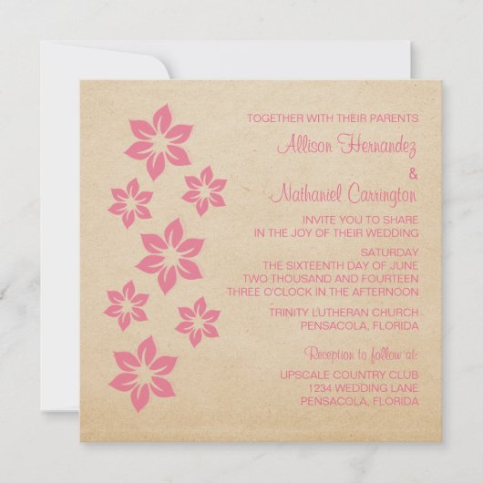 Pink Tropical Floral Wedding Invite Kaart (Voorkant)