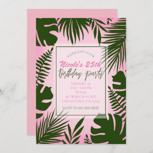 Pink Tropical Green Leaves Summer Birthday Party Kaart