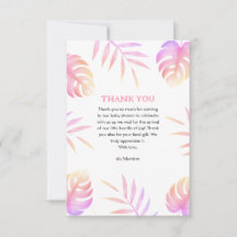 Pink Tropical Leaves Baby Shower Thank You Cards