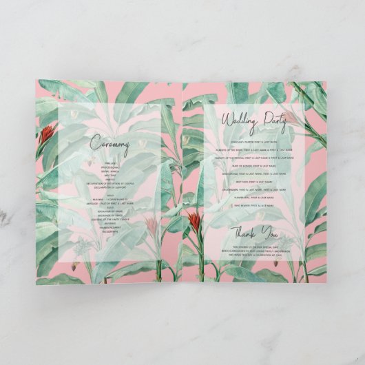 Pink Tropical Palm Leaves Bruiloft Order of Servic Programma (Binnen)