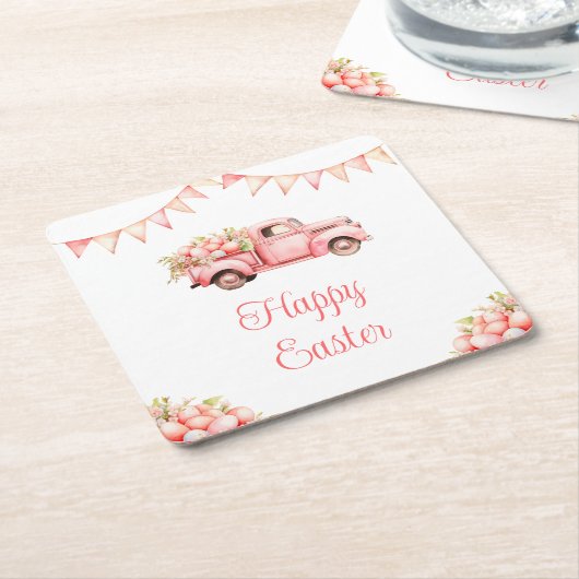 Pink Truck Easter Egg Hunt Kartonnen Onderzetters (Schuin)