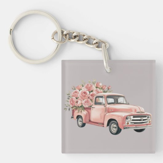 Pink Truck with Roses Sleutelhanger (Voorkant)