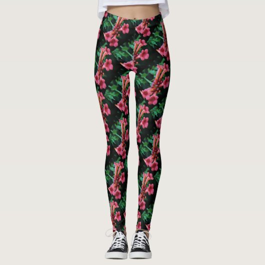 Pink Trumpet Honeysuckle Botanische Kunst Leggings (Voorkant)
