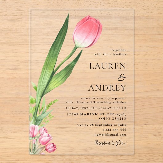 Pink Tulip Acrylic Wedding Invitation Acryl Uitnodigingen (Voorkant)