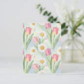 Pink Tulip Daisy Watercolor Spring Pattern Briefkaart (Staand voorkant)