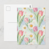 Pink Tulip Daisy Watercolor Spring Pattern Briefkaart (Voorkant / Achterkant)