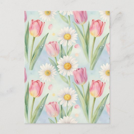 Pink Tulip Daisy Watercolor Spring Pattern Briefkaart (Voorkant)