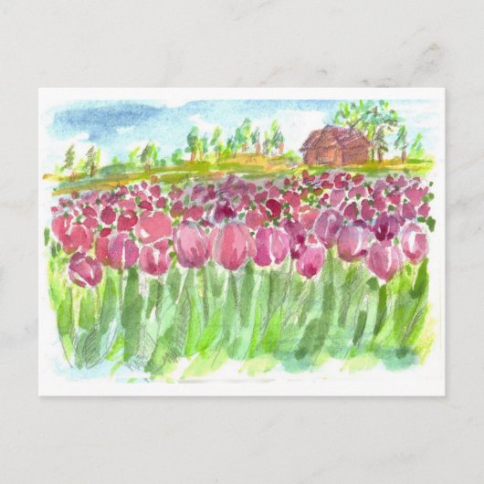 Pink Tulip Fields Waterverf Bewegende Aankondiging Briefkaart (Voorkant)