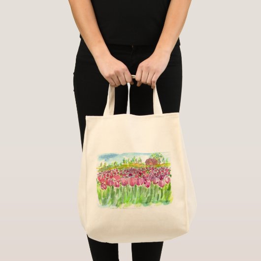 Pink Tulip Fields Waterverf Tote Bag (Voorkant (product))