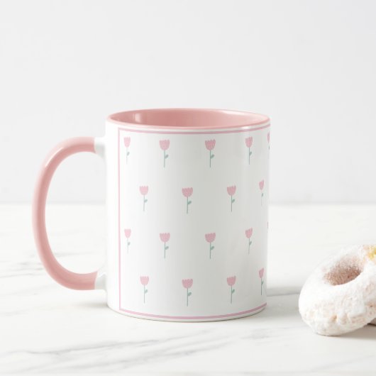 Pink Tulip Floral Minimalistisch Eenvoudig meisje Mok (Met donut)