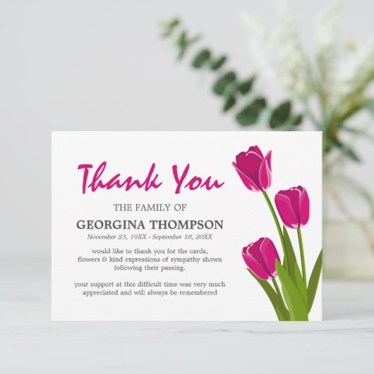 Pink Tulip Funeral Bedankkaart (Staand voorkant)