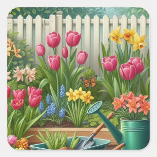 Pink Tulip Garden Floral Vierkante Sticker