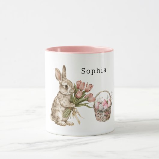 Pink Tulips Bunny Rabbit Easter Eggs Basket Mok (Midden)
