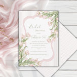 Pink Tulips Floral Elegant Vintage Bridal Shower Kaart<br><div class="desc">Beautiful watercolor fancy frame surrounding lovely fonts and scripts done in coordinating colors bridal shower invite. Cascading bunches of pink tulips on opposite corners create an elegant vintage feel. A pink tulips coordinated background with delicate green leaves. We added a soft pastel coordinating pink stripe background. A perfect bridal shower...</div>