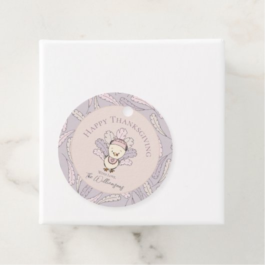 Pink Turkey & Feathers Happy Thanksgiving Gift Lab Bedankjes Labels (In situ)