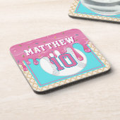 Pink & Turquoise Baseball Drip Birthday Party Bier Onderzetter (Linkerzijde)