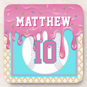 Pink & Turquoise Baseball Drip Birthday Party Bier Onderzetter (Voorkant)