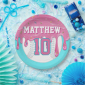 Pink & Turquoise Baseball Drip Birthday Party Papieren Bordje (Feest)