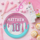 Pink & Turquoise Baseball Drip Birthday Party Papieren Bordje (Feest)