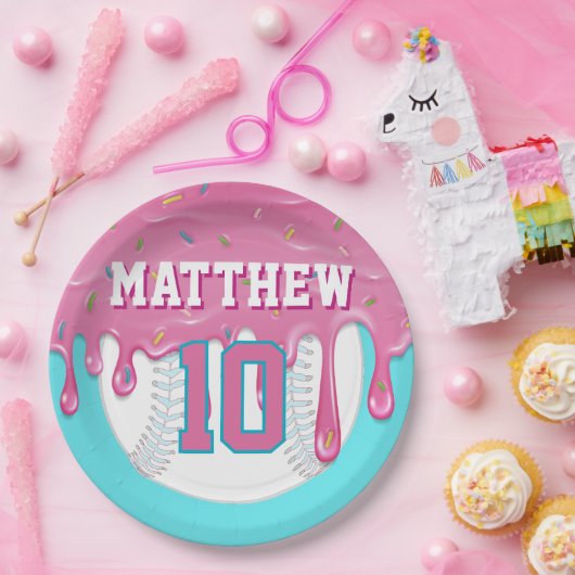 Pink & Turquoise Baseball Drip Birthday Party Papieren Bordje (Feest)