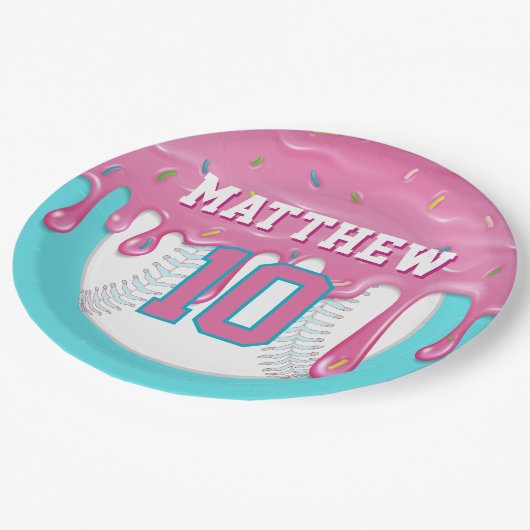 Pink & Turquoise Baseball Drip Birthday Party Papieren Bordje (Gekanteld)