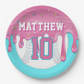 Pink & Turquoise Baseball Drip Birthday Party Papieren Bordje (Voorkant)