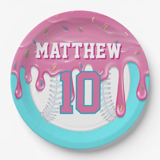 Pink & Turquoise Baseball Drip Birthday Party Papieren Bordje (Voorkant)