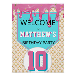 Pink Turquoise Baseball Drip Birthday Welcome Sign Perfect Poster