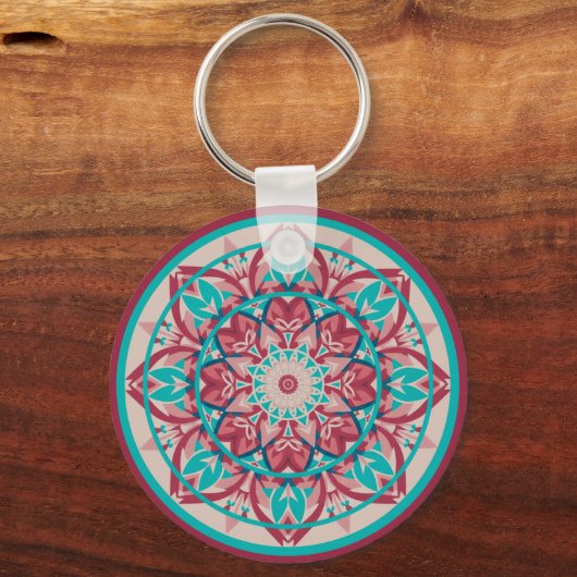 Pink & Turquoise Boho Mandala Sleutelhanger (Voorkant)