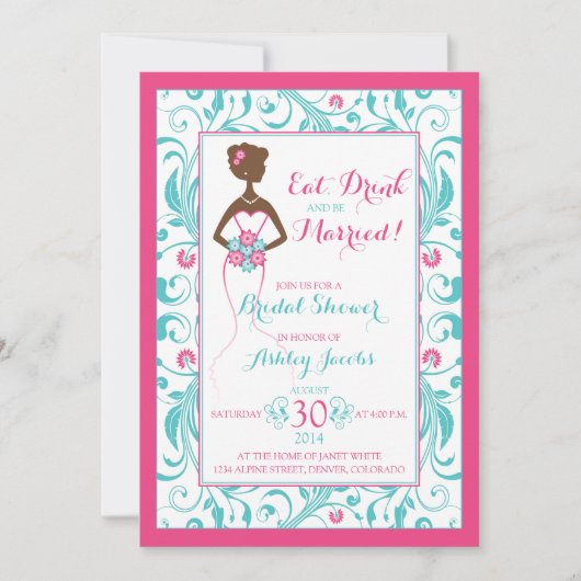 Pink Turquoise Bride Eat Drink Vrijgezellenfeest Kaart (Voorkant)