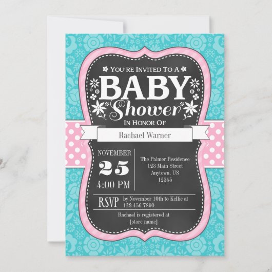 Pink Turquoise Chalkboard Floral Baby shower Kaart (Voorkant)