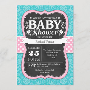 Pink Turquoise Chalkboard Floral Baby shower Kaart