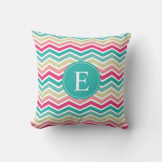 Pink Turquoise Chevron Monogram Kussen (Voorkant)