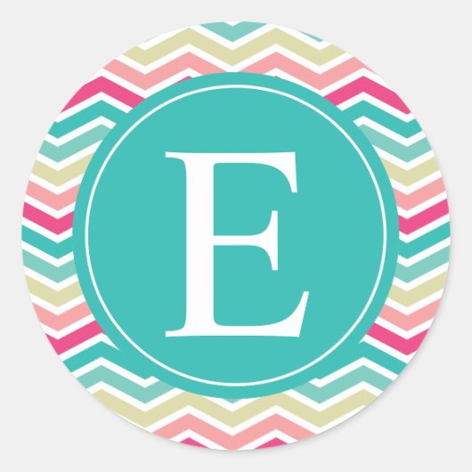Pink Turquoise Chevron Monogram Ronde Sticker (Voorkant)