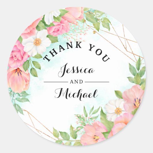 Pink Turquoise Floral Bouquet Weddenschap Ronde Sticker (Voorkant)