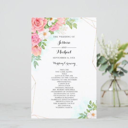 Pink Turquoise Floral Bouquet Wedding Programme (Staand voorkant)