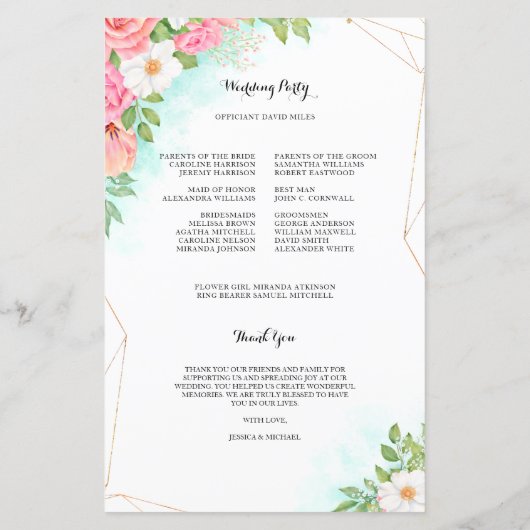Pink Turquoise Floral Bouquet Wedding Programme (Achterkant)