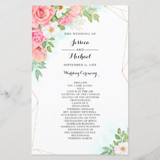Pink Turquoise Floral Bouquet Wedding Programme (Voorkant)