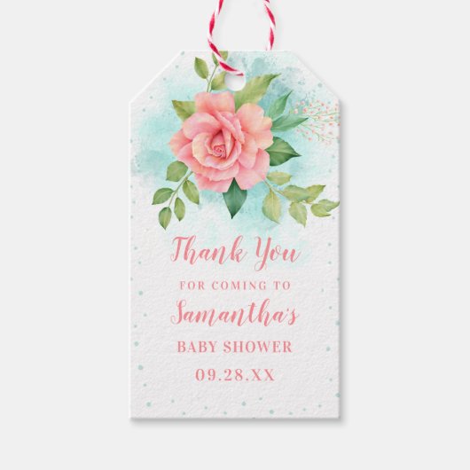 Pink Turquoise Floral Waterverf Roos Baby shower Cadeaulabel (Voorkant)