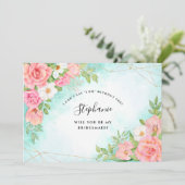 Pink Turquoise Ombre Floral Bouquet Bridesmaid Kaart (Staand voorkant)