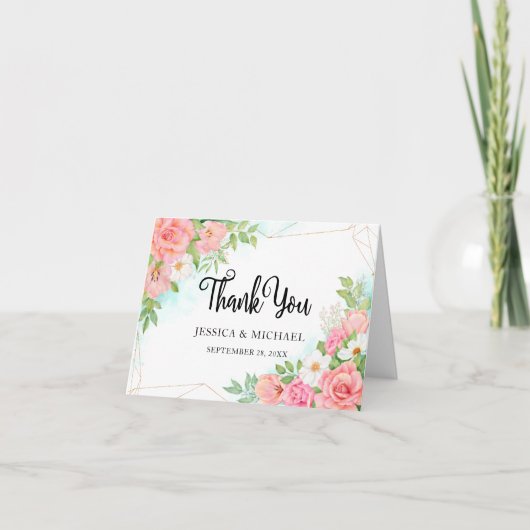 Pink Turquoise Ombre Floral Bouquet Roos Wedding Bedankkaart (Voorkant)