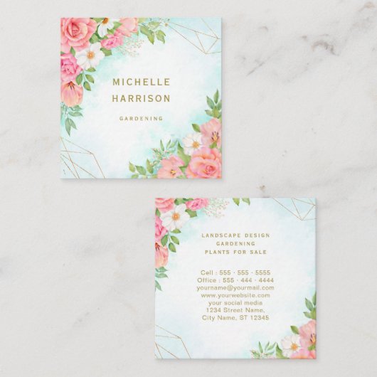 Pink Turquoise Ombre Floral Bouquet Waterverf Vierkante Visitekaartje (Voorkant / Achterkant)