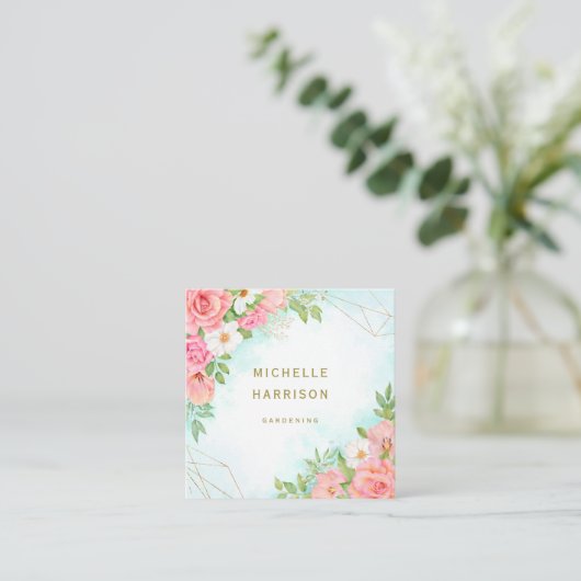 Pink Turquoise Ombre Floral Bouquet Waterverf Vierkante Visitekaartje (Staand voorkant)