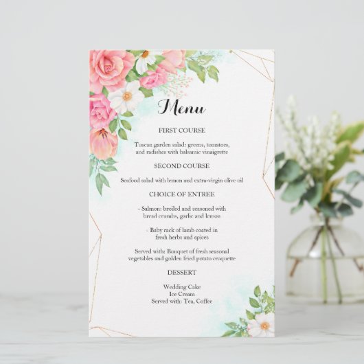 Pink Turquoise Ombre Floral Bouquet Wedding Menu (Staand voorkant)