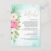 Pink Turquoise Ombre Floral Roos Wedding Details Informatiekaartje (Voorkant)